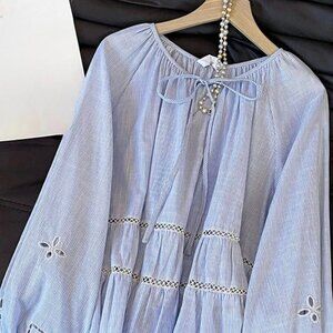 Blue Stripe Tiered Ruffle Lace Trim Puff Sleeve Tie Neck Cottagecore Blouse
